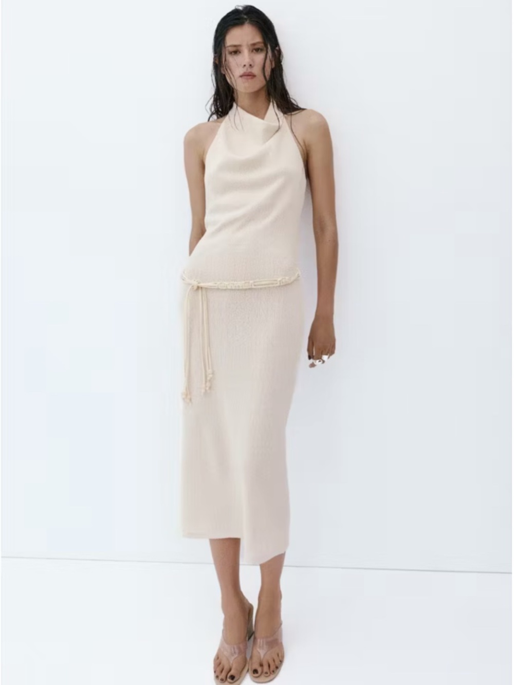 KNIT HALTER DRESS WITH BELT